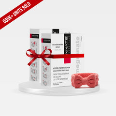 Pomegranate collagen facial kit with sheet mask also known as hyperpigmentation facial kit with sheet mask,  a skincare product packaging with a red ribbon on a white background.. worked well on melasma, pigmentation, blemishes and dark spots.