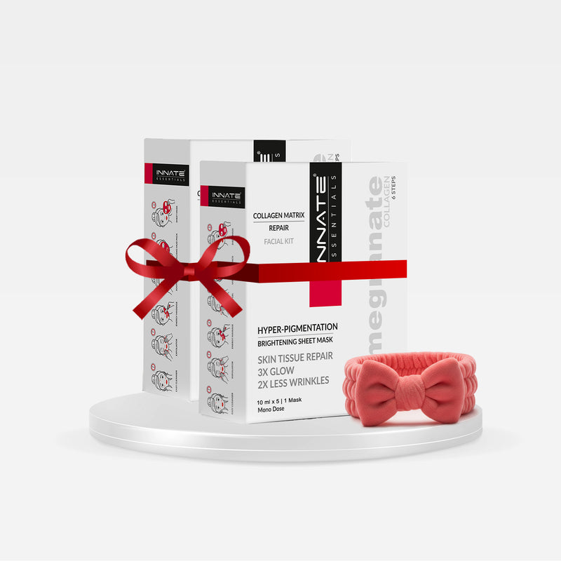 Pomegranate collagen facial kit with sheet mask also known as hyperpigmentation facial kit with sheet mask,  a skincare product packaging with a red ribbon on a white background.. worked well on melasma, pigmentation, blemishes and dark spots.