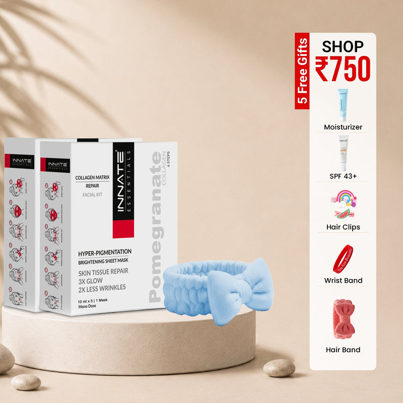 Innate Pomegranate skincare kit with a blue hair clip on a beige background