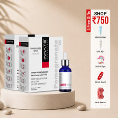 Cosmetic products including boxes and a dropper bottle on a beige platform with promotional text on the side.