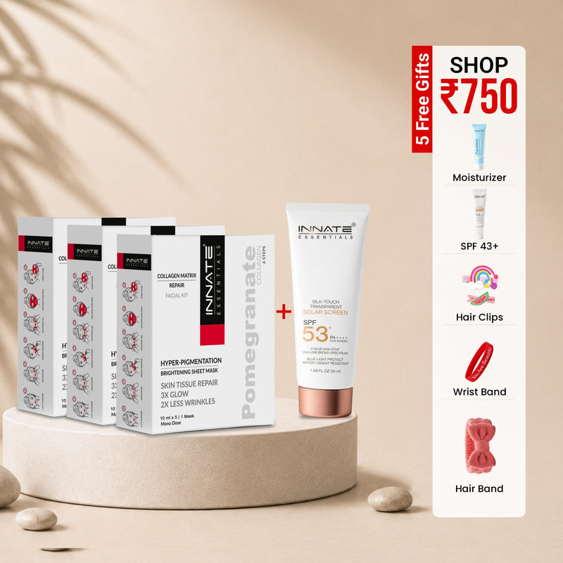 Innate Essentials skincare products on a beige platform with promotional offer on the side.