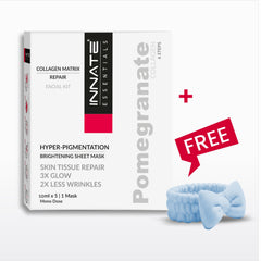 INNATE Essentials Pomegranate Facial Kit box shown next to a light blue knitted bow headband, with a red 'FREE' speech bubble overlay on a clean white background.