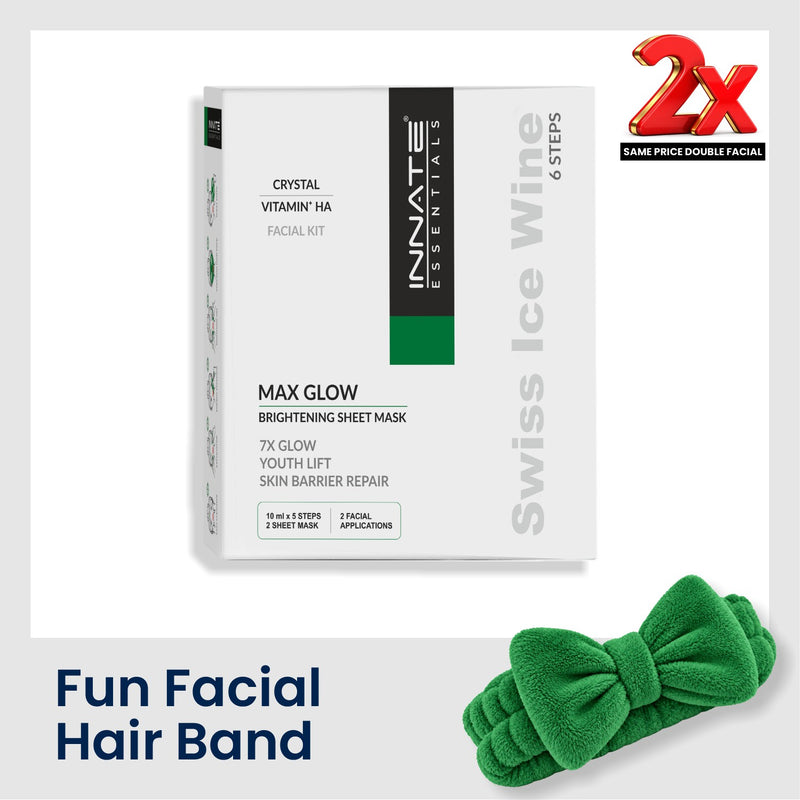 INNATE Essentials Max Glow Brightening Sheet Mask facial kit box shown on a white background, alongside a green plush hair band and a red '2x Same Price Double Facial' promotional badge.
