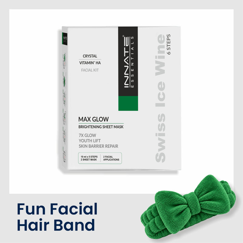 Innate Essentials Max Glow Brightening Sheet Mask box shown on a white background, with a green plush bow-shaped hair band labeled as the included fun accessory. Text at the bottom reads 'Fun Facial Hair Band.