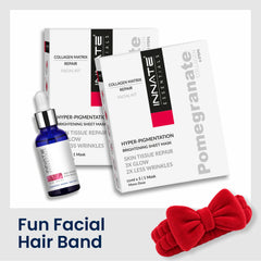 Innate Essentials Collagen Matrix Repair facial kit with a blue dropper bottle, two white and black product boxes, and a red plush hair bow on a white background with text reading 'Fun Facial Hair Band'.
