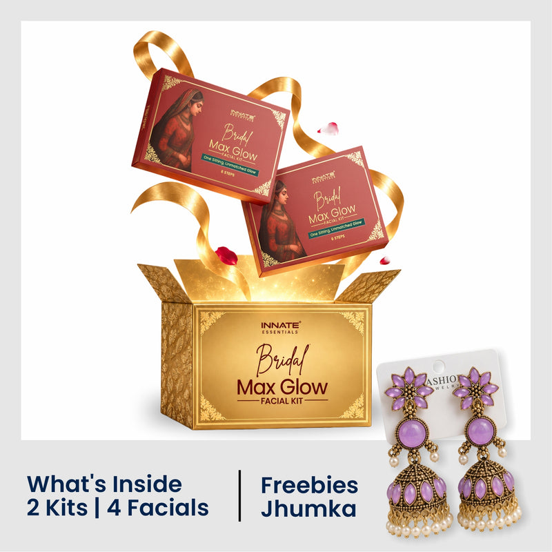 Bridal Max Glow facial kit by Innate Beauty, featuring two red and gold boxed kits emerging from a large gold gift box, with two purple and gold jhumka earrings shown on the right. Text at the bottom reads 'What's Inside 2 Kits | 4 Facials | Freebies Jhumka'.