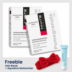 Innate Essentials Collagen Matrix Repair Facial Kit shown with two white product boxes, a red bow-shaped hair band, and an Aquatica moisturizer tube on a light gray background, with promotional text at the bottom.