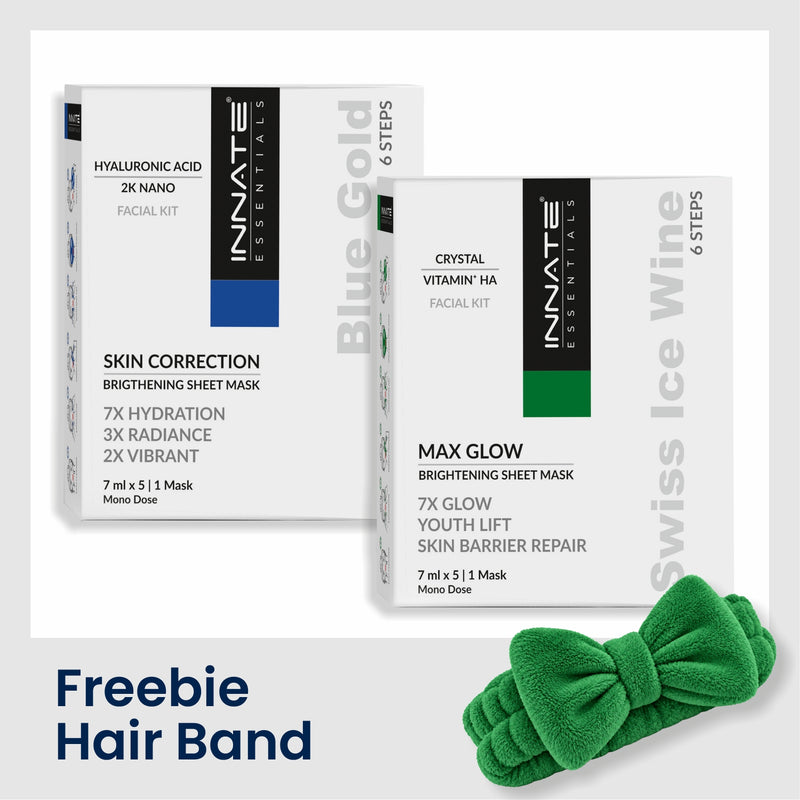 Two Innate Essentials facial mask kits, one labeled Blue Gold and one labeled Max Glow, shown with a green bow-shaped hair band on a white background with text reading 'Freebie Hair Band'.