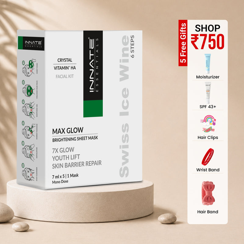Innate Essentials facial kit packaging with promotional offer on a beige background
