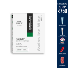 Innate Essentials Swiss Ice Wine Max Glow Brightening Sheet Mask facial kit box, shown on a white background with a dark blue promotional sidebar on the right offering 5 free gifts.
