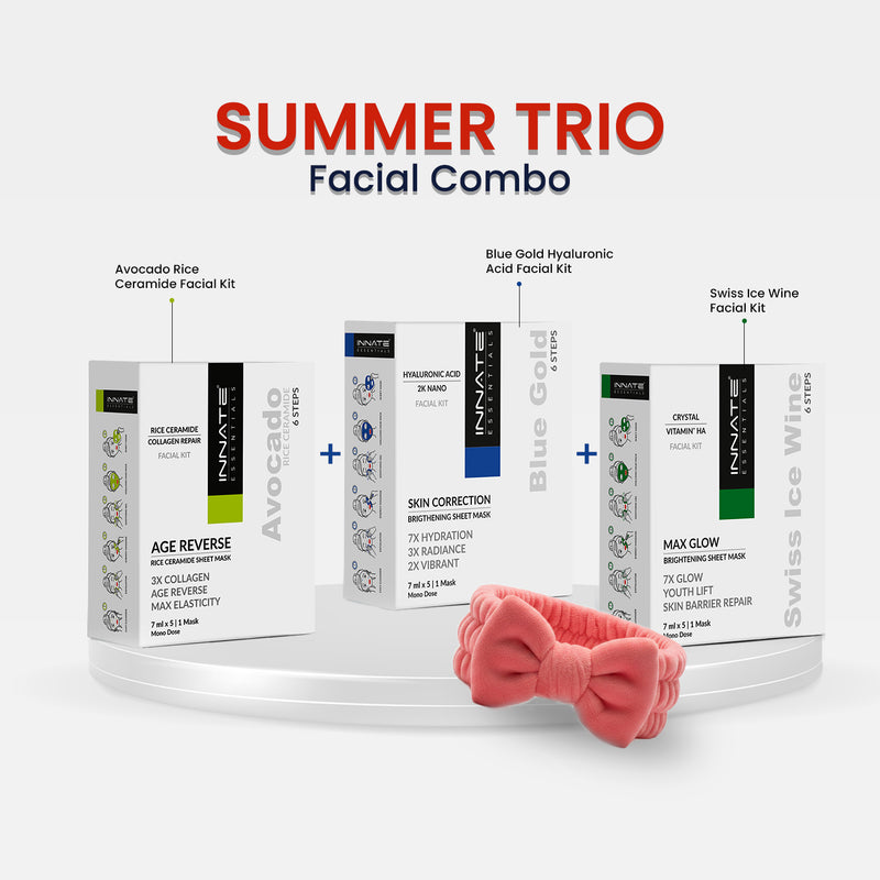 Innate Skincare Summer Trio Facial Combo with product packaging and a pink bow on a white background