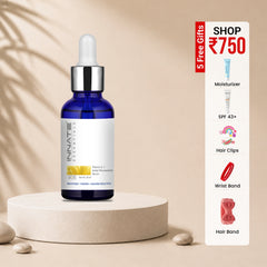 Innate Essentials skincare serum bottle on a beige platform with promotional text on the side.