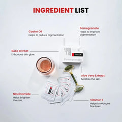 Innate Pomegranate Collagen Facial Kit With Sheet Mask
Ingredient List -
Pomegranate - Helps to improve pigmentation
Aloe Vera Extract - Soothes the skin
Vitamin E - Helps to reduces fine lines
Niacinamide - Helps brighten the skin
Rose Extract - Enhances skin glow.
Castor Oil - Helps to reduce pigmentation 