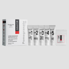 Pomegranate facial kit with packaging and multiple bottles on a white background