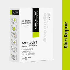 Innate Essentials facial mask packaging with avocado skin repair text on a white background