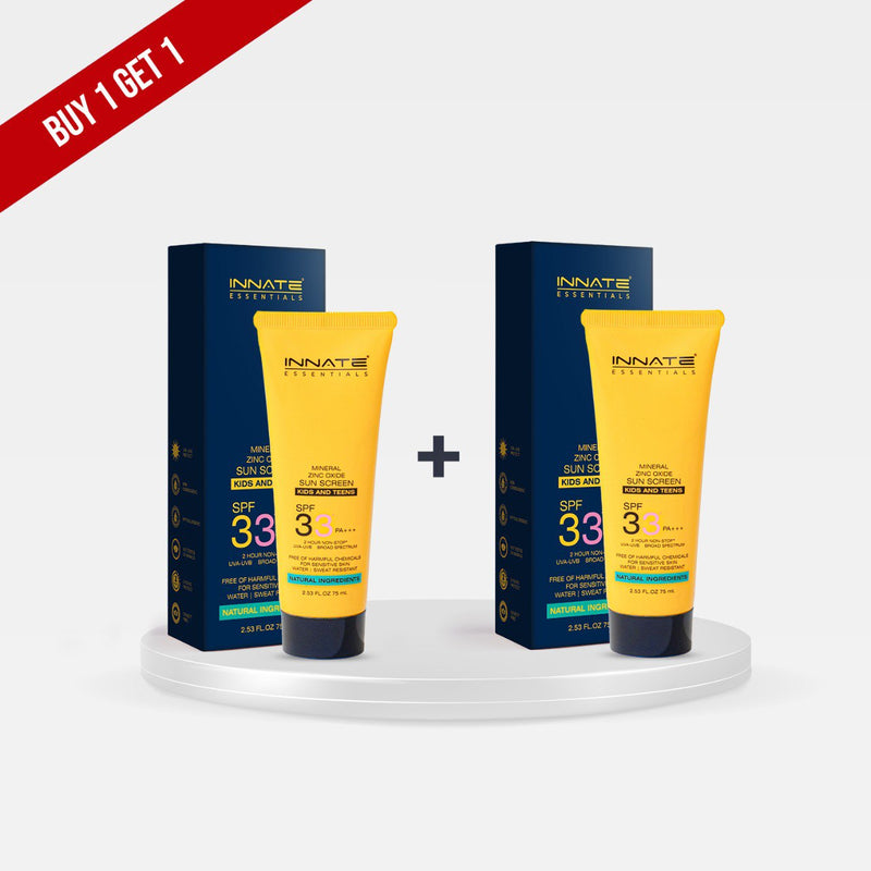 Two yellow tubes of Innate Essentials sun screen with a buy one get one free offer on a gray background.