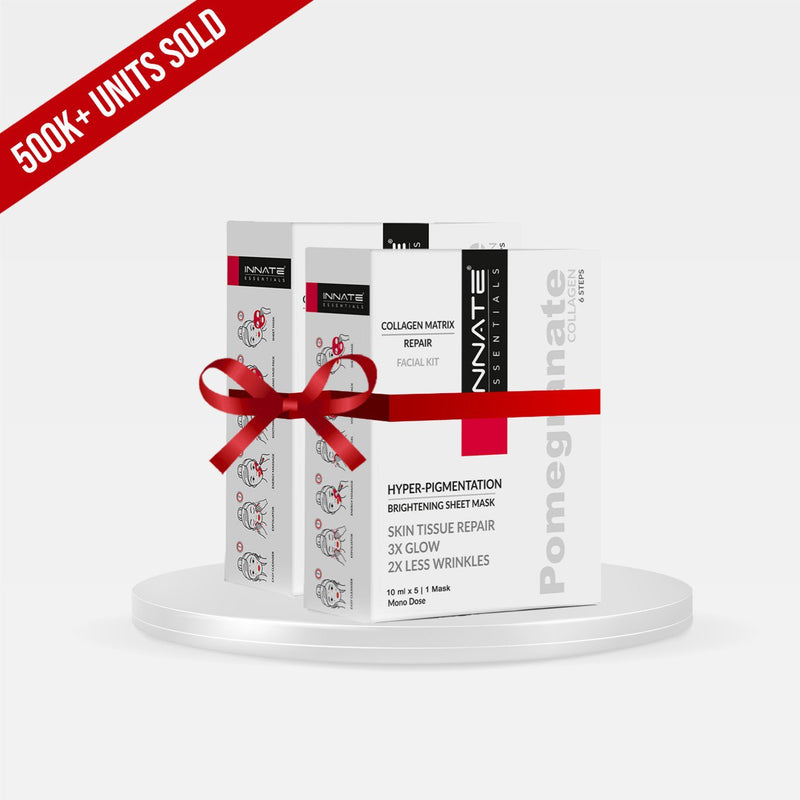 Pomegranate collagen facial kit with sheet mask also known as hyperpigmentation facial kit with sheet mask,  a skincare product packaging with a red ribbon on a white background.. worked well on melasma, pigmentation, blemishes and dark spots.