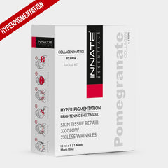 Pomegranate collagen facial kit with sheet mask also known as hyperpigmentation facial kit with sheet mask,  a skincare product packaging with a red ribbon on a white background.. worked well on melasma, pigmentation, blemishes and dark spots.