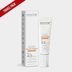 A tube of Innate Solar Screen SPF 43 sunscreen, with packaging displaying product information and branding.