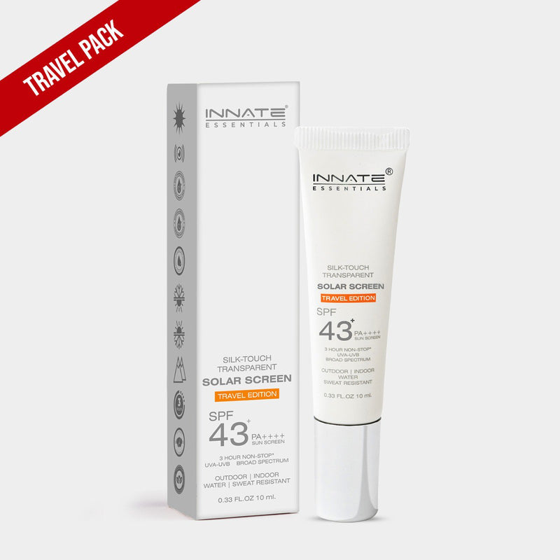 A tube of Innate Solar Screen SPF 43 sunscreen, with packaging displaying product information and branding.